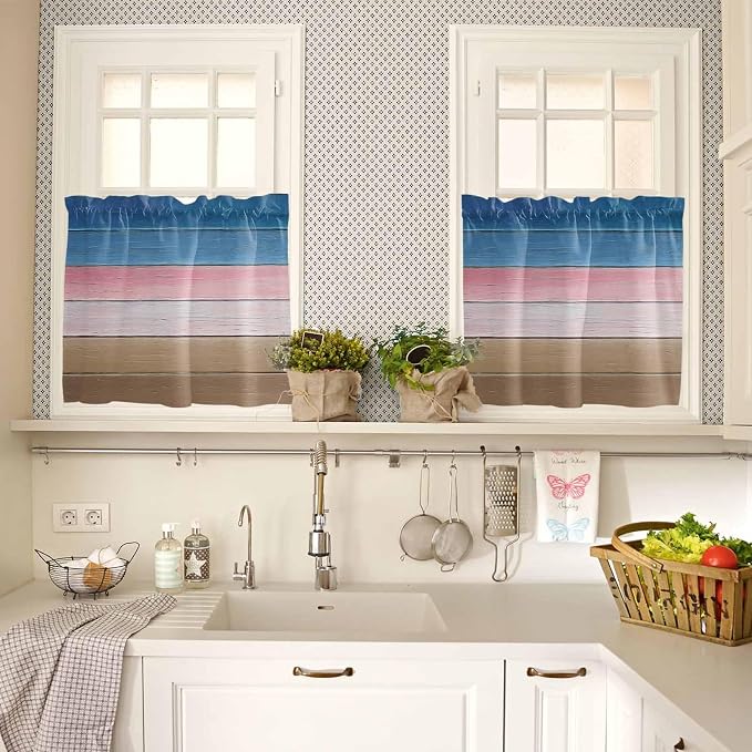 Blue Pink Brown Gradient Wood Grain Window Valance Curtains, Vintage Wood Board