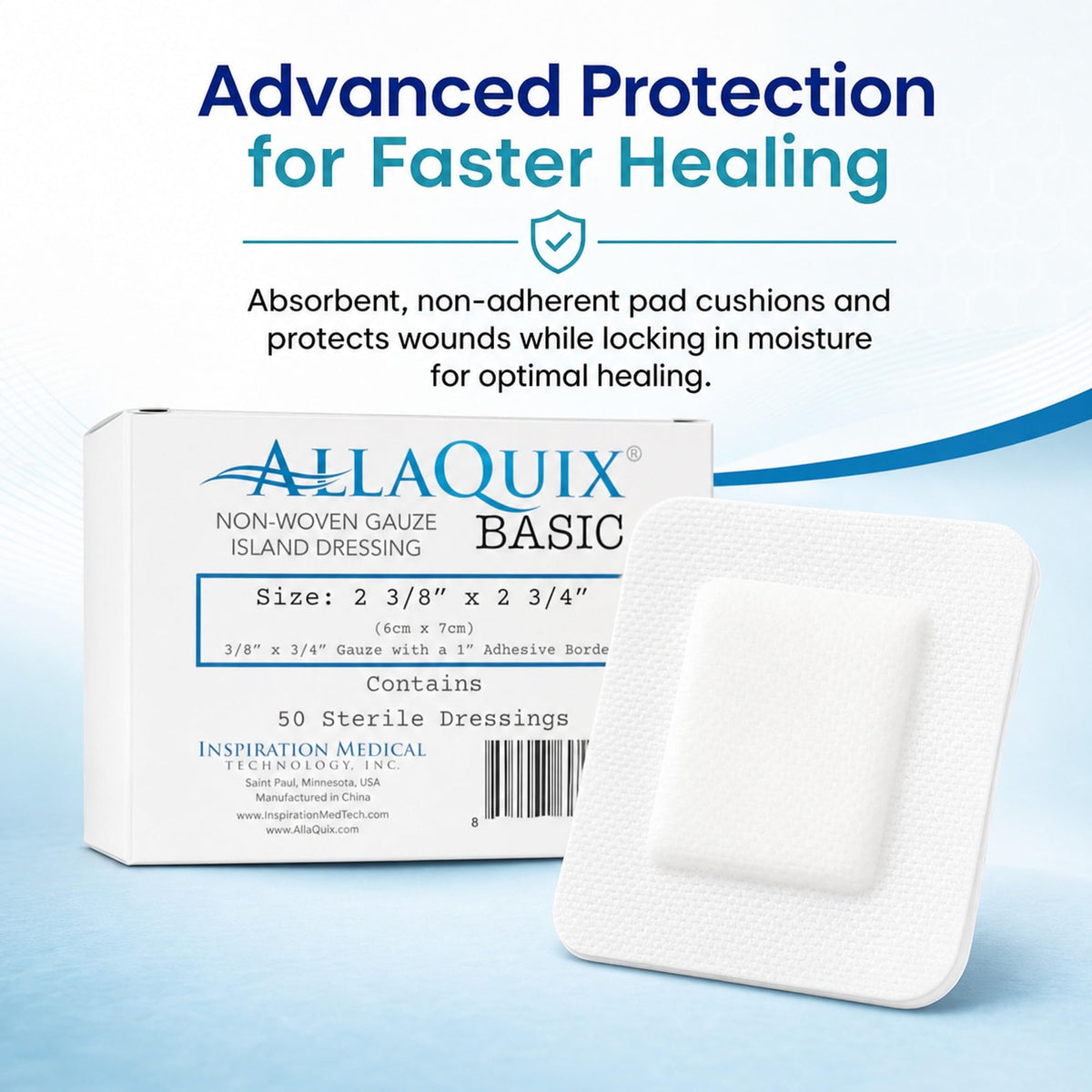 AllaQuix Basic Sterile Gauze Island Dressing 4"x8" Adhesive Border Pads (25 Count) – Non-Stick Wound Dressing for Surgical Aftercare, Incisions, Large Cuts, First Aid, and Light Draining Wounds