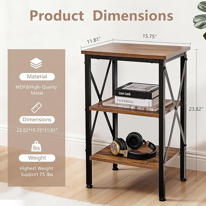 VECELO End Table Set of 2, Bedside Table, 24" Tall Living Room End Tables, X-Design Reinforced Nightstands, Side Table with 3-Tier Storage Shelves for Small Spaces, Office, Bedroom, Rustic Brown