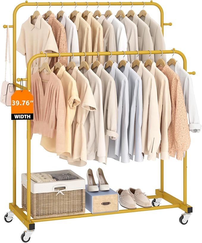 Laiensia Double Rods Garment Rack with Wheels, Clothing Rack for Hanging Clothes,4 Hooks, Multi-functional Bedroom Clothes Rack, Gold