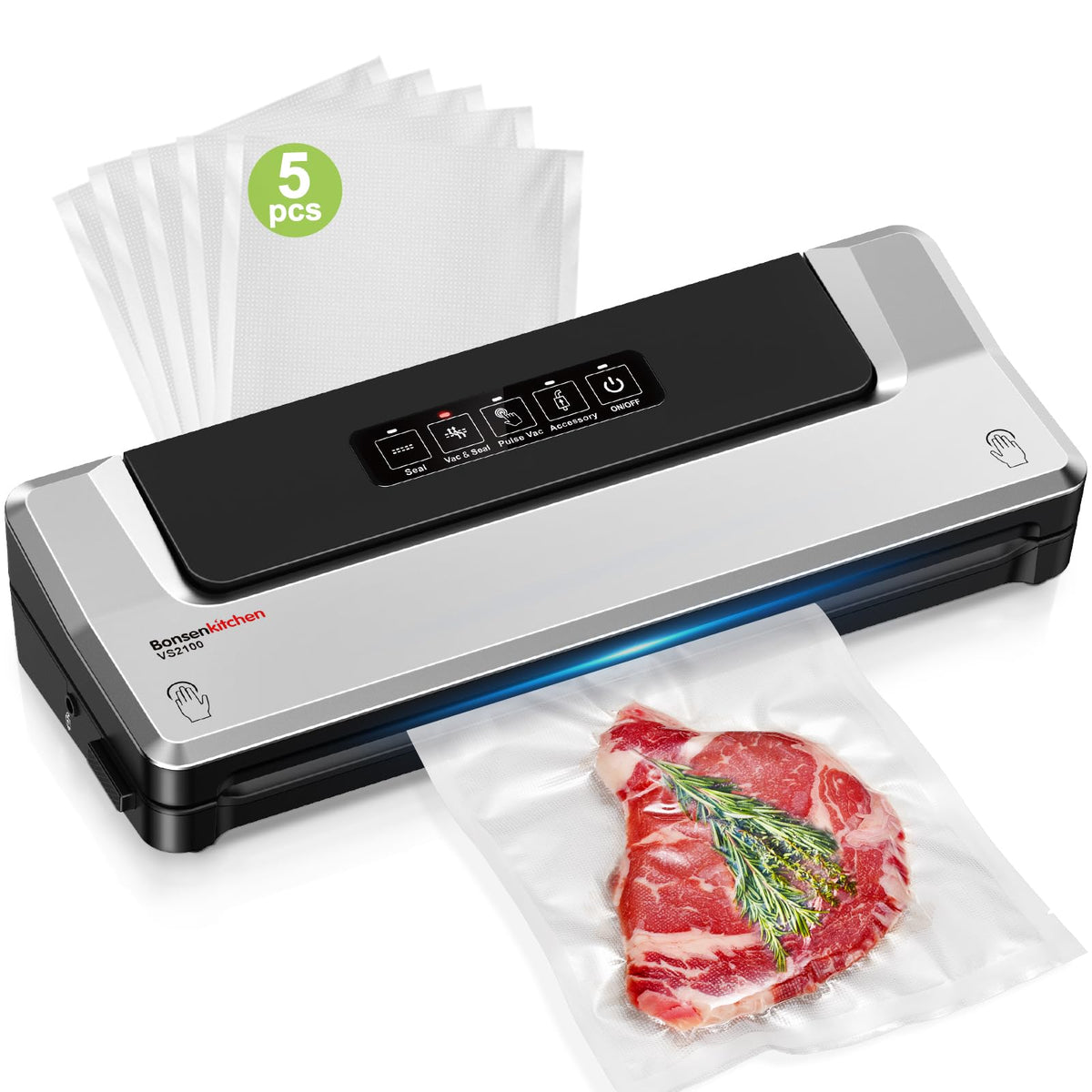 Bonsenkitchen Vacuum Sealer Machine With 5 Vacuum Bags,Black