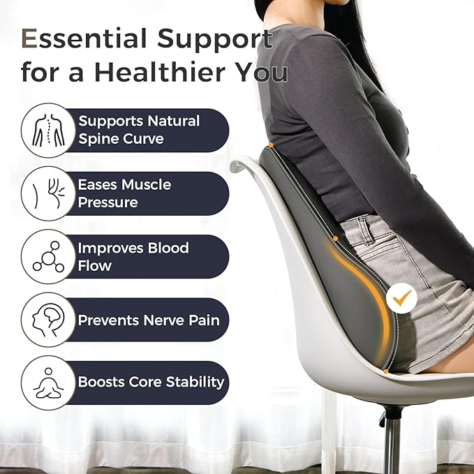 Coverado Lumbar Support Pillow for Car, Ergonomic Memory Foam Back Pillow for Office Chair, Back Cushion for Back Pain Relief, PU Leather Car Lumbar Support for Driving Seat - Gray