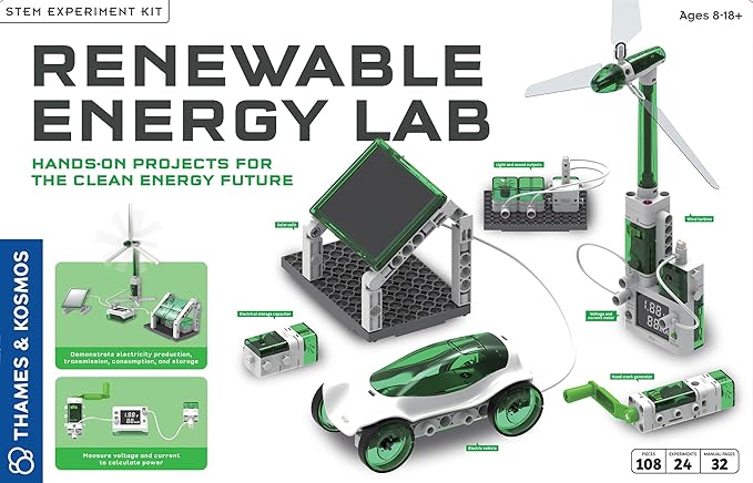 Thames & Kosmos Renewable Energy Lab STEM Experiment Kit, Hands-on Projects & Curriculum for Home & School Use, NGSS-Aligned, Build Models to Explore Clean Energy Generation & Consumption, Ages 8-18+