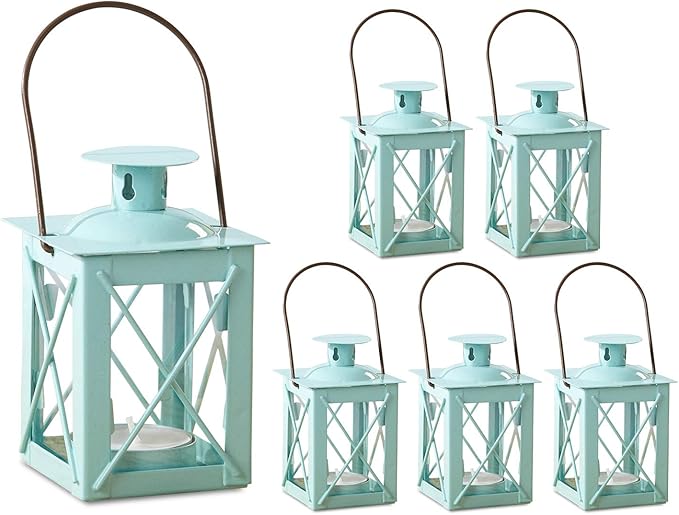Kate Aspen Decorative Lanterns - Set of 6 - Luminous Metal Lantern Tealight Candle Holders for Wedding, Home Decor and Party - 4.5" H (6.5" H with Handle) – Blue