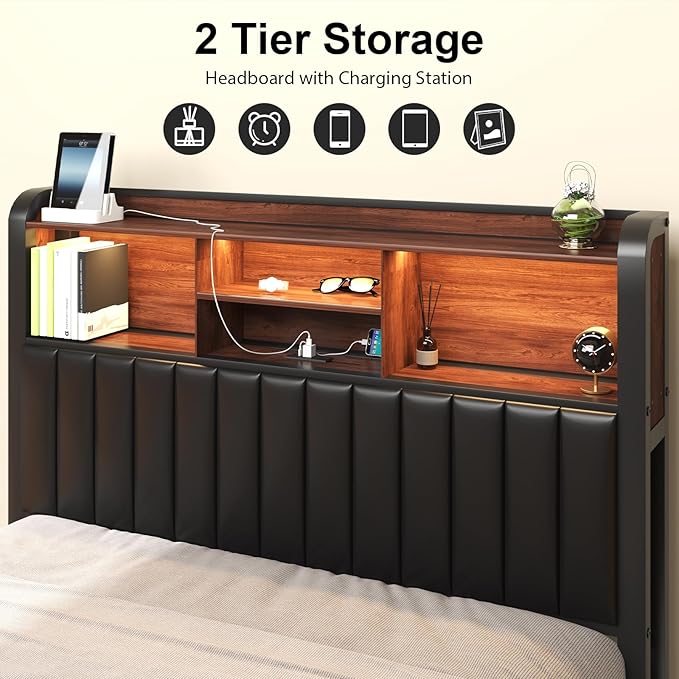 Full Bed Frame 54.3" Tall with 3-Tier Storage Headboard and PU Leather, Metal Platform Bed Frame with LED Lights and Charging Station, Noise-Free, Metal Support, No Box Spring Needed, Black