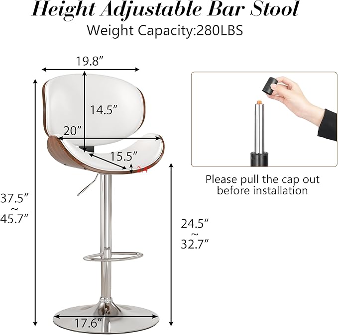 KCC Bar Stools Set of 3, Swivel Adjustable Height Barstools, PU Leather Upholstered Bar Chairs with Footrest, Bentwood Bar Stool for Kitchen, Bar, Dining Room(White PU)