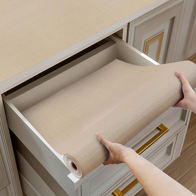 Shelf and Drawer Liner for Kitchen Cabinets Non-Adhesive, Strong Grip Non-Slip Thickened Cabinet Liners for Shelves, Waterproof Mats for Dresser Cupboard, Khaki, 12 in x 30 Feet