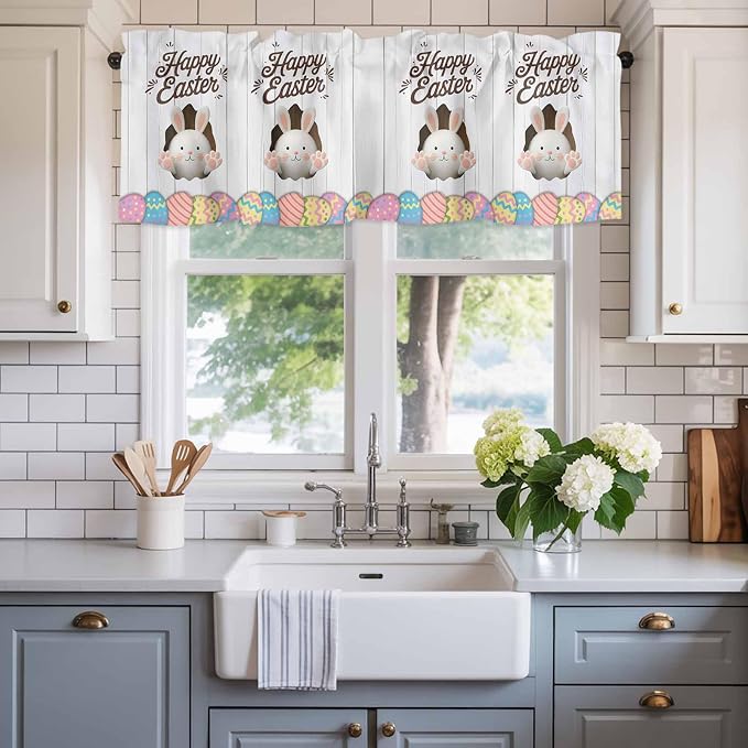 Grey Easter Curtain Valances for Windows, Kitchen Valance Window Treatment