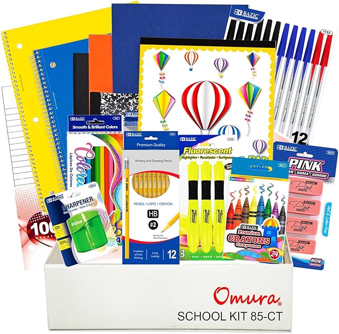 OMURA Learning Elementary School Supplies Kit – 85-Piece Back to School Supplies, School Supply Kit Elementary for Grades 3–5 | Notebooks, Pencils, Crayons, Markers, Glue & Student School Supplies