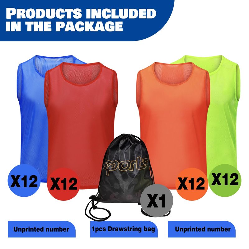 PULUOMASI 12/24/48PCS Pinnies Youth Team Pennies for Sports Kids and Scrimmage Vests for Soccer Basketball Jersey Practice