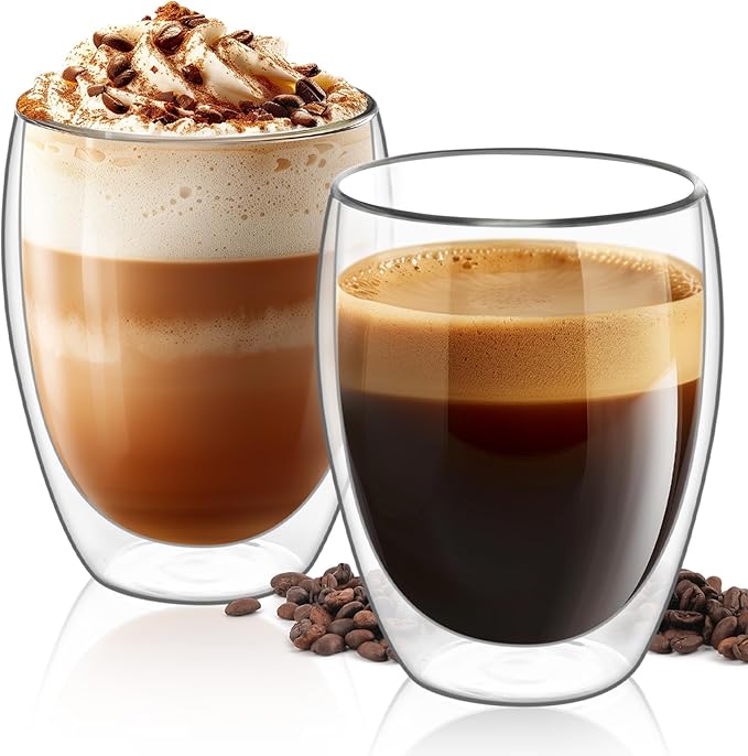 ComSaf glass coffee cups 12 oz, latte cup Set of 2, Double Walled Glass Coffee Mugs, clear coffee mug for Americano, Lungo, Mocha, Machiato,Cappuccino, Ideal Gift for Christmas, Birthday