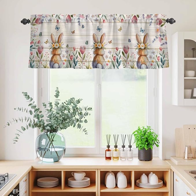 Kitchen Curtains Tiers and Valance Set of 3, Easter Light Filtering Window