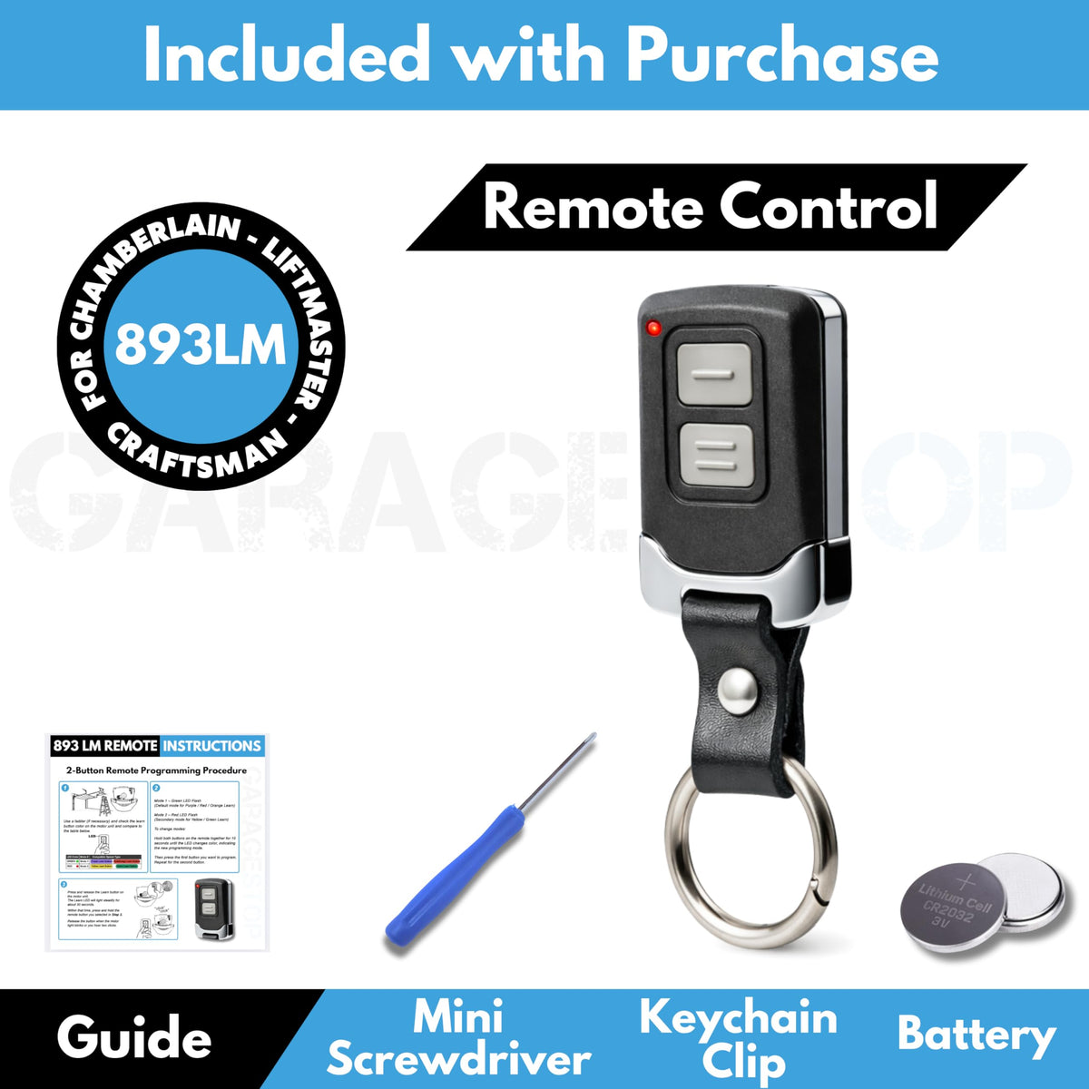 1x Mini for LiftMaster Chamberlain Craftsman Universal Garage Door Opener Remote, 893LM 893Max 891LM 371LM 373LM 971LM 973LM, 2-Button Keychain Extra Long-Range