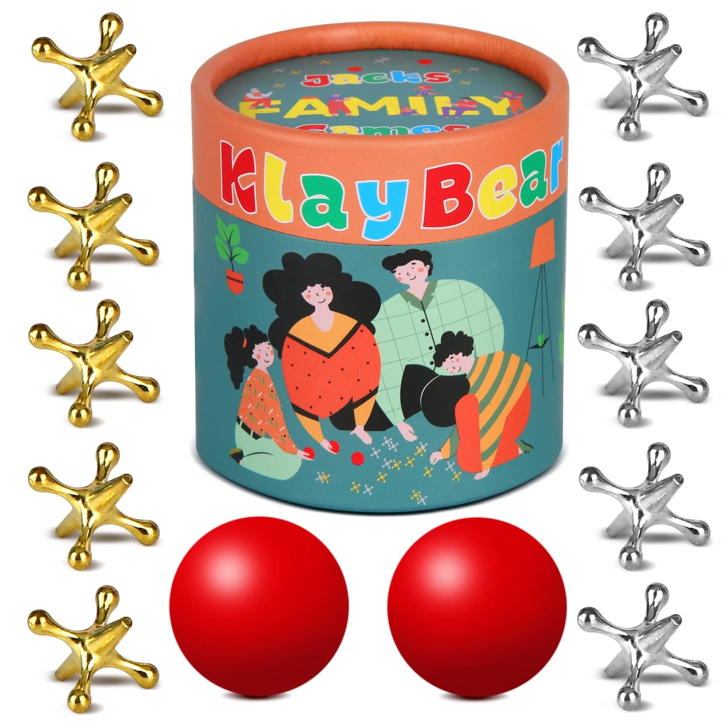 Jacks Game with Ball, Retro Vintage Jax Game for Kids and Adults, Classic Board Games with 10 Metal Jacks & 2 Red Rubber Balls, Old Fashion Traditional Table Games for Family Game Night