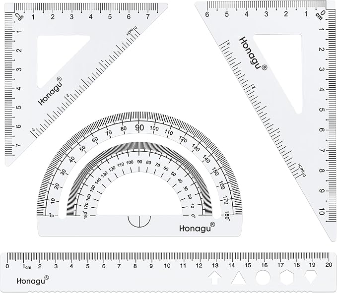 Honagu Triangular Ruler Set, 4 Pieces Aluminum Alloy Ruler, Metal Drafting Ruler, Geometric Protractor for Students, Draftsmen, Engineers, Home School Office Supplies (20cm/7.87inches, Pink)