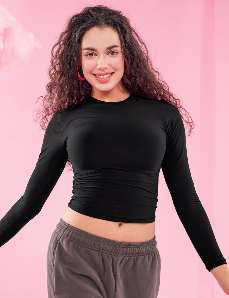 YEOREO Long Sleeve Shirts for Women y2k Tops Double Lined Basic Tee Crew Neck Going Out Sweeney Workout Undershirt Black L