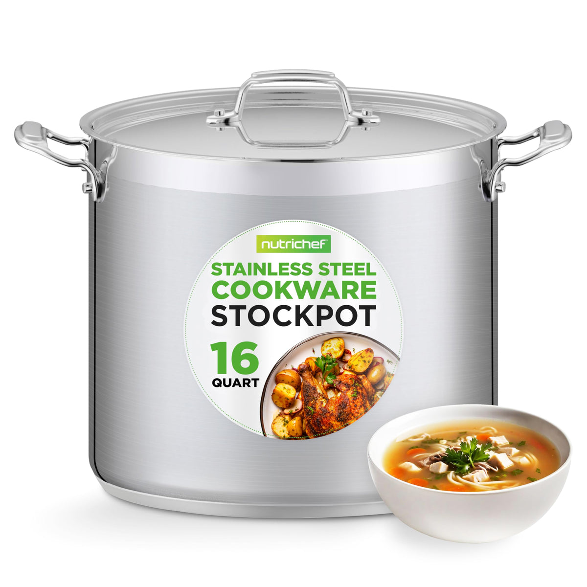 Nutrichef Stainless Steel Cookware Stockpot, 35 Quart Heavy Duty Induction Soup Pot With Stainless Steel Lid And Strong Riveted Handles, Even Heat Distribution, Compatible With Most Cooktops
