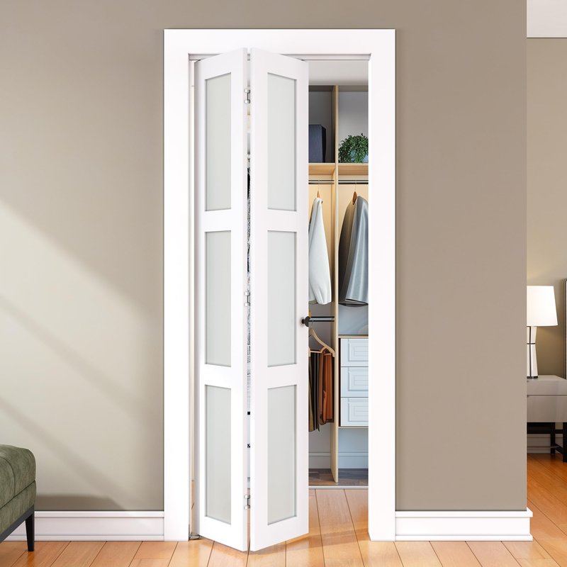 SMARTSTANDARD Bifold Door, for 28"x 80" Opening,Tempered Frosted Glass Closet Folding Barn Door with Hardware Kit, Water-Proof PVC Surface,Easy Install,White