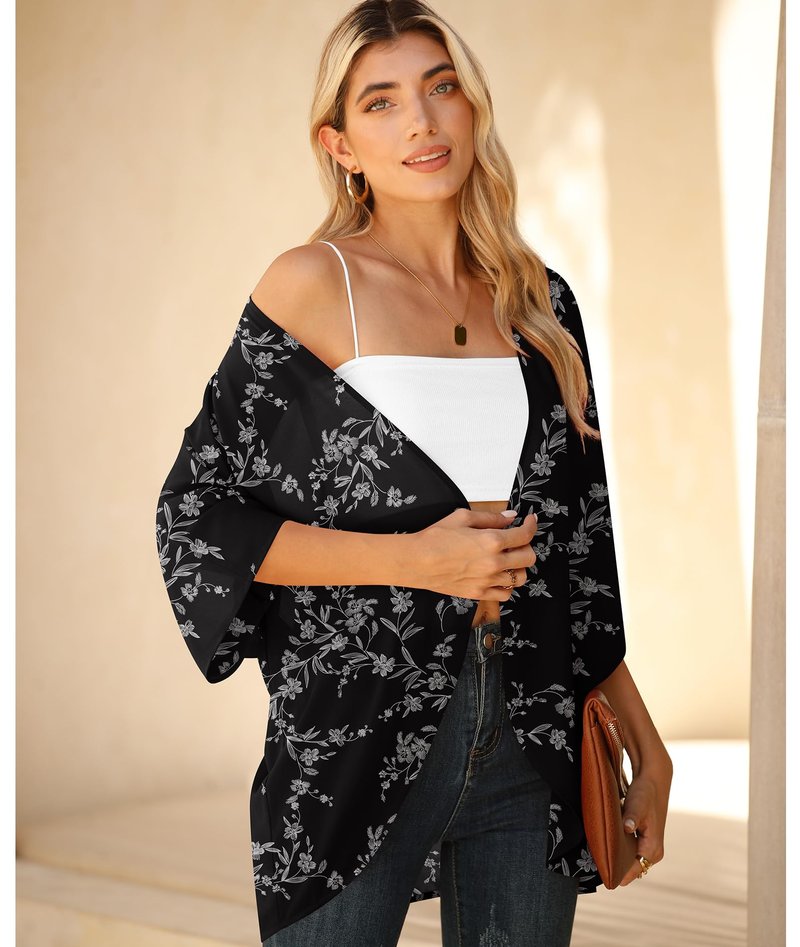 LILBETTER Womens Floral Chiffon Kimono Cardigans Loose Beach Cover Up Half Sleeve Tops(Black Leaves Large)