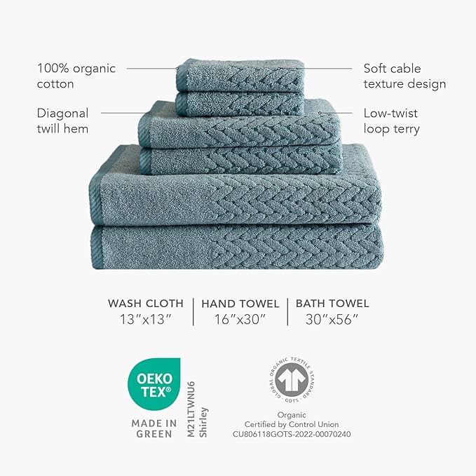 Texere 100% Organic Cotton Jacquard 650 GSM Premium Bath Towel Sets - Extra Absorbent Quick Dry and Plush (Cable, Smoke Blue, 4 Bath Towels)