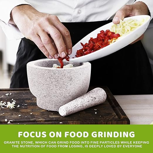 Comie Mortar and Pestle Set,Heavy Duty,Unpolished Granite,8Inch-5Cup Capacity,Grinder for Spices and Seeds,Grinding,Crushing and Mashing Spices,Nuts,for Guacamole,Garlic Sauce,Gray.
