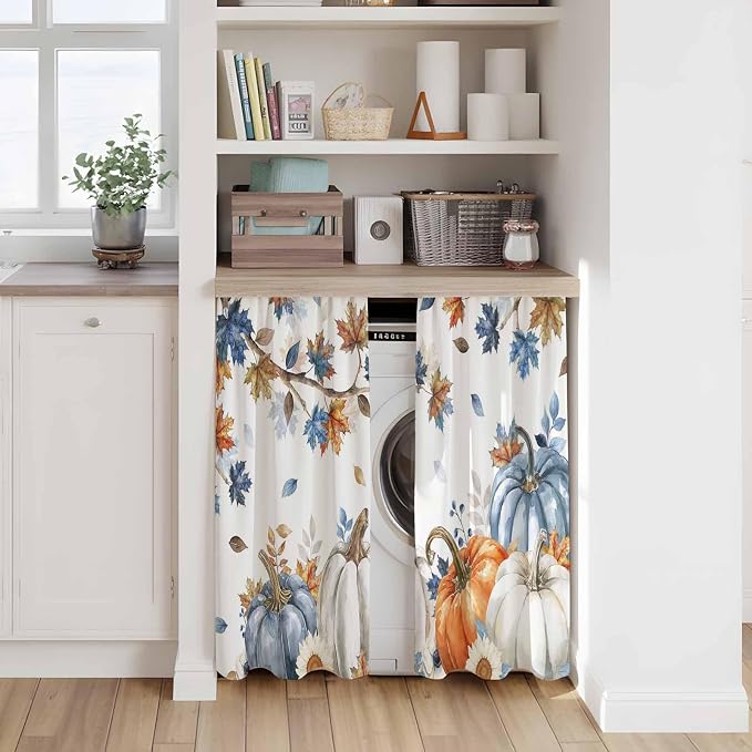 Navy Blue Pumpkin Fall Kitchen Curtains 45 Inch Long 2 Panel Set, Rod Pocket