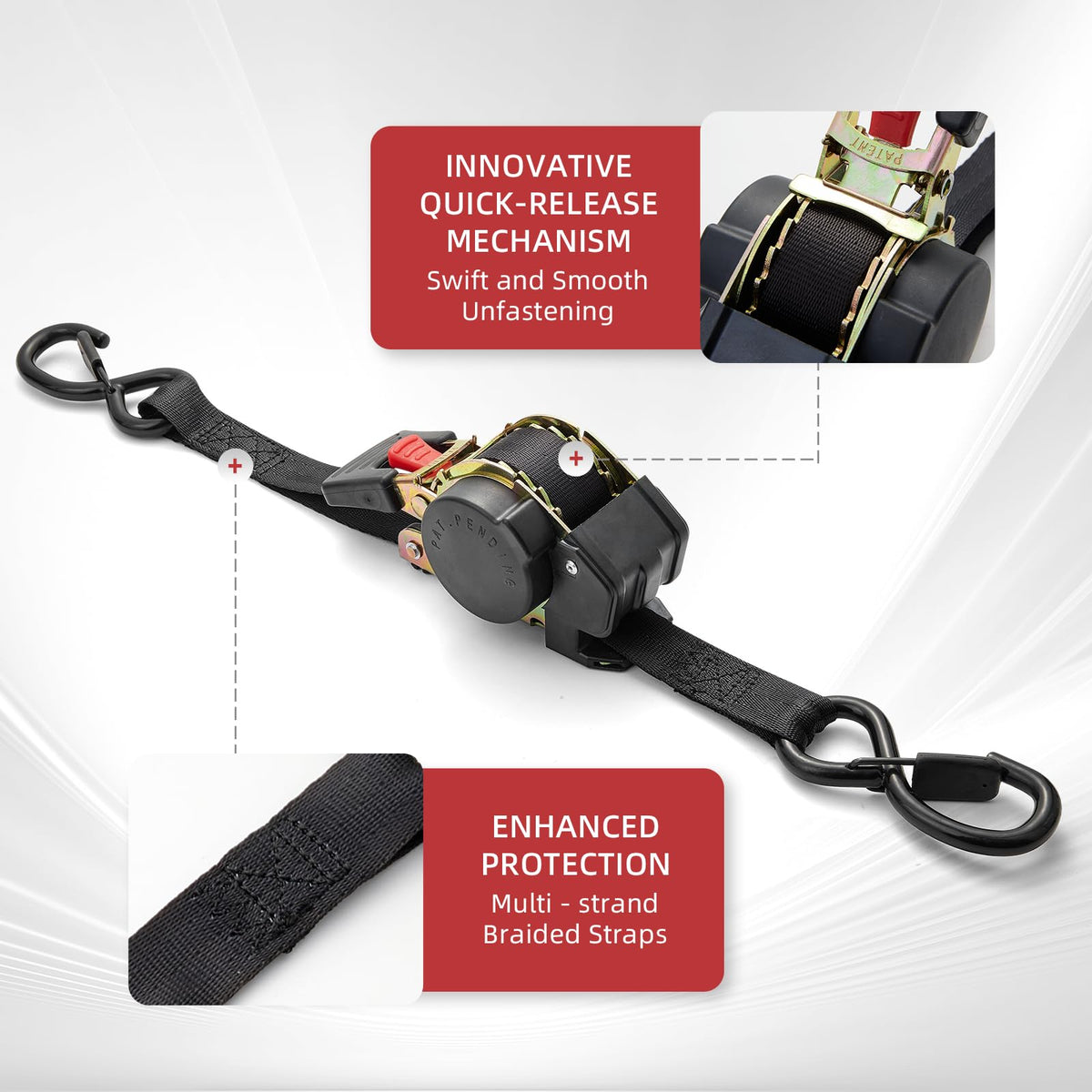 Heavy Duty Retractable Ratchet Tie-Down Straps 1800 lbs, 1in × 10ft Auto Retract Tie Downs with Zinc S-Hooks, Cargo Straps for Trucks, Trailers, Roof Racks & Moving, 2 Pack, Black