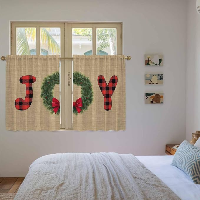 Red Green Christmas Kitchen Curtains 45 Inch Long 2 Panel Set, Rod Pocket