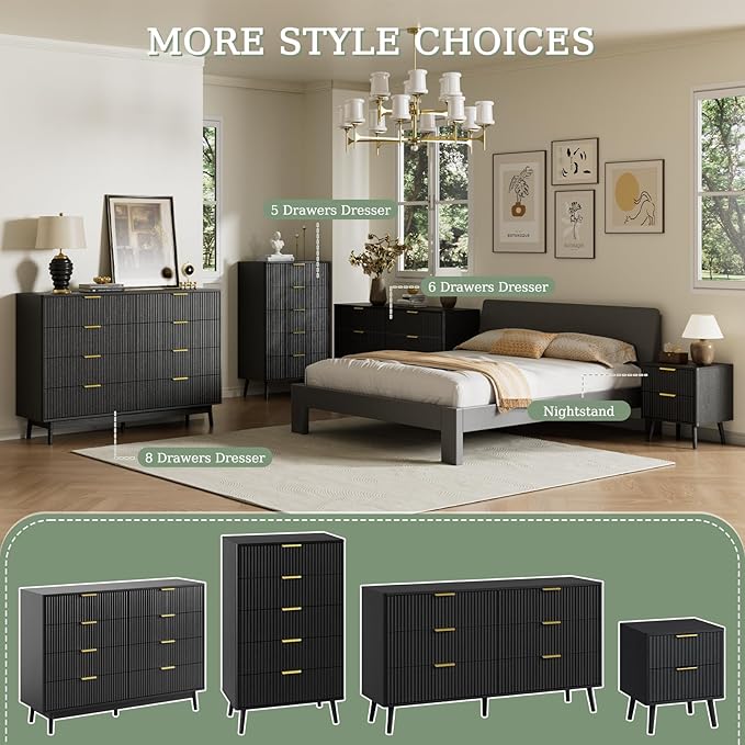 LYNSOM Fluted 8 Drawer Dresser for Bedroom, 55" Wide Modern Chest of Drawers with Curved Profile Design and Metal Handles, Wood Dresser TV Stand & Storage Organizer for Bedroom, Hallway, Black