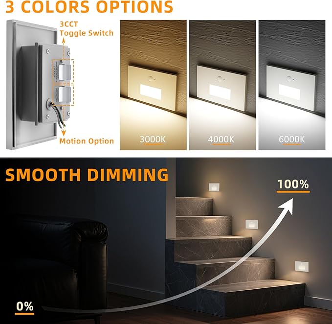 Motion Sensor Stair Lights Indoor Outdoor,Dimmable Motion Activated Step Light 3000K/4000K/6000K,Hardwired 120V 3W IP65 Waterproof Outside Stairway Lights,Led Staircase Light- White
