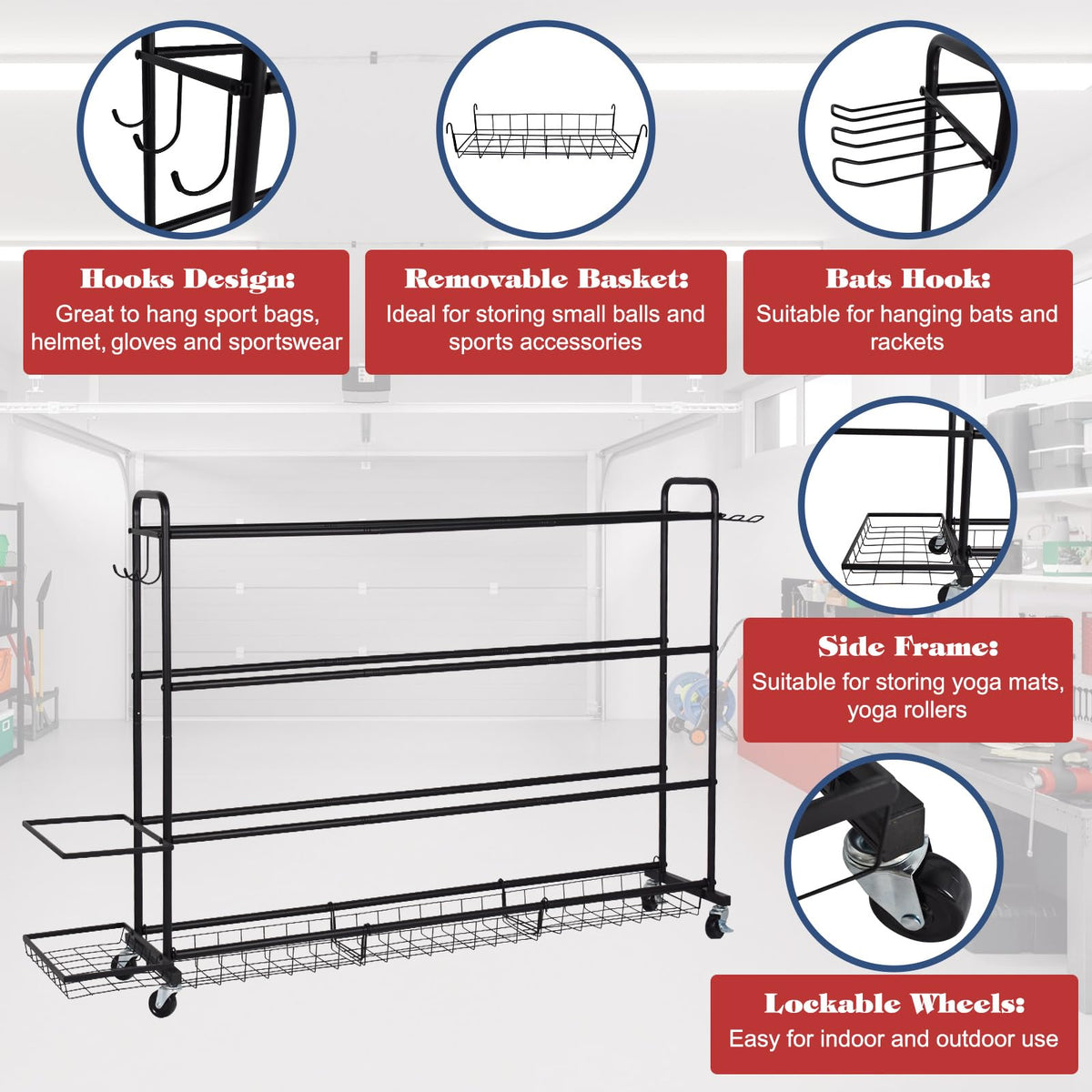 ELKCIP Basketball Rack, Shooting Training Rolling Ball Stand, Garage Organizer with Wheels, 4-Layer Sports Equipment Storage Holder with Baskets and Hooks for Soccer Baseball Footballs Volleyball
