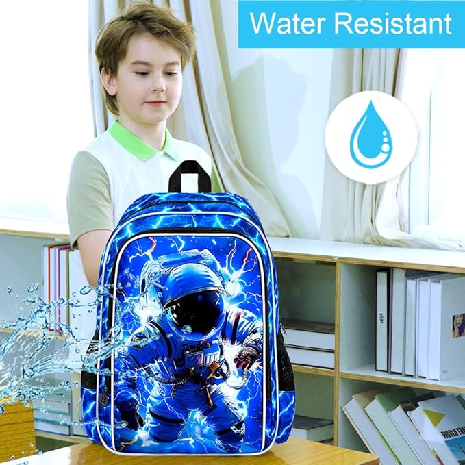 KLFVB 3PCS Lightning Bookbag for Boys, 17" Astronaut Backpack and Lunch Box, Water Resistant Teenagers School Backpacks for Middle Elementary - Lightning Space Adventure