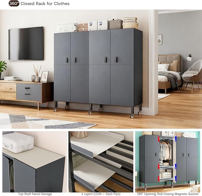 Foldable Portable Armoire Wardrobe Closet for Hanging Clothes Rack, Heavy Duty Covered Clothes Rack with Cover(HARDBOARD Magnetic), Closet Garment Rack for Bedroom Storage (KT Grey, 66.14in)