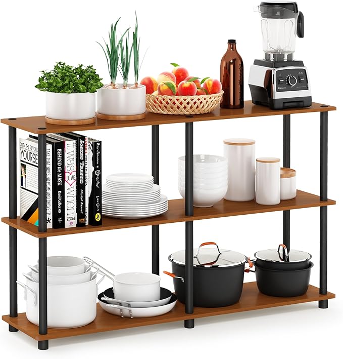 Furinno TURN-N-TUBE Storage Shelves, 3-Tier 47.4 Wide Book Shelf, Corner Shelf, Toolless Open Shelves, for Organization and Storage, Living Room, Garage, Home Office, Light Cherry