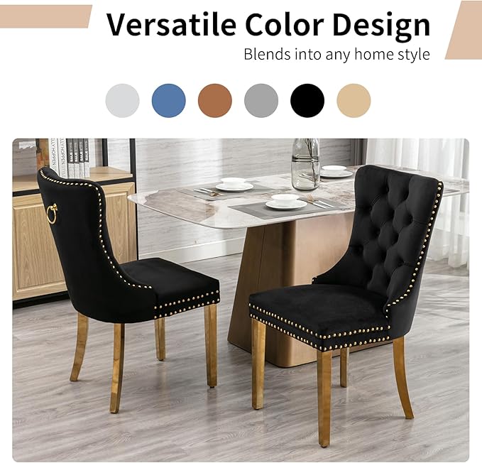 Luxury Upholstered Dining Chairs Set of 6, Black Kitchen Chair with Golden Metal Legs, Velvet Tufted Back Dining Chair, Sillas de Comedor, Modern Kitchen & Dining Room Chairs (Black, 6 Pcs)