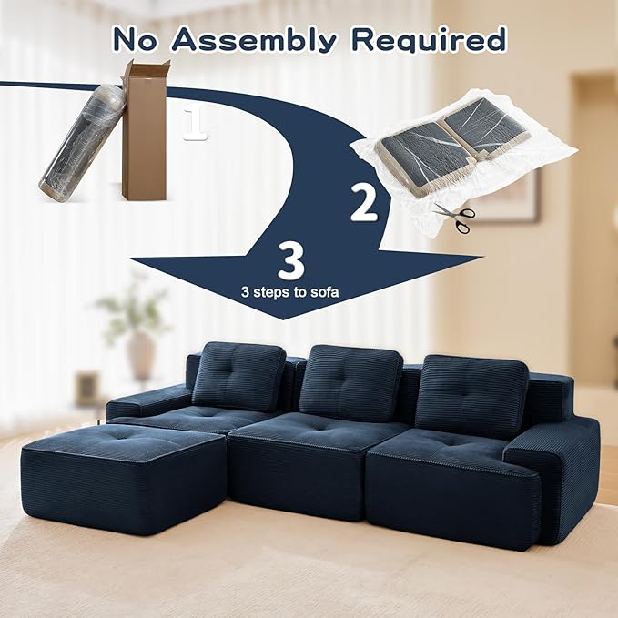 115" Modern Corduroy Cloud Sofa with Ottoman, L Shaped Boneless Modular Large Sectional Couches for Living Room, Blue 3 Seater Compressed Memory Foam Couch, Extra Deep Seat, No Assembly