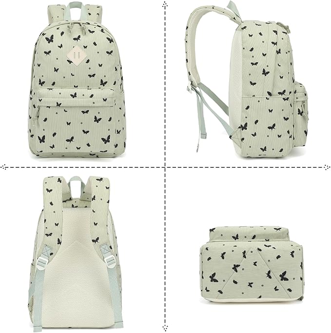 Corduroy Girls Backpack Set, 3PCS School Backpacks for Kids Elementary Middle School Bags with Lunch Box Pencil Case (Green Corduroy Butterfly)