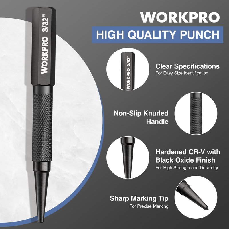 WORKPRO 4-Piece Nail Punch and Center Punch Set, Hardened Cr-V Steel with Knurled Grip,1/32", 1/16", 3/32" Nail Setter & 1/32" Center Punch Tool