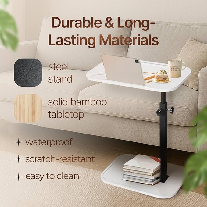 DAVIDOK C-Shaped Sofa End Table, Adjustable Height Couch Side Table with Device Slot, White Color with Black Metal Stand, Couch Table for Living Room, Bedroom