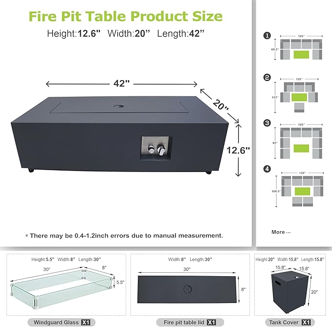 2-Piece 42" LED Rectangular Propane Fire Pit for Outside Patio with Hidden Tank Table, 50,000 BTU Fireplaces with Glass Wind Guard, Lid, Glass Rocks, Cover(Black w/Warm Light)