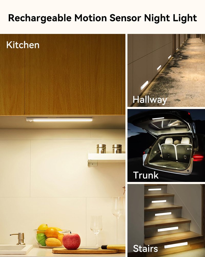 Rihvy Under Cabinet Lighting Wireless, 3 Packs Rechargeable Motion Sensor Light Indoor Disassembled, 3 Color Temps Closet Light Stick on, 8 Inches Under Counter Lights for Kitchen, Wardrobe, Bedroom