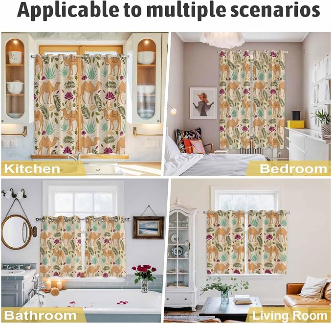 2 Panel Kitchen Cafe Curtains, Desert Camels Sunlight Filtering Nature Air