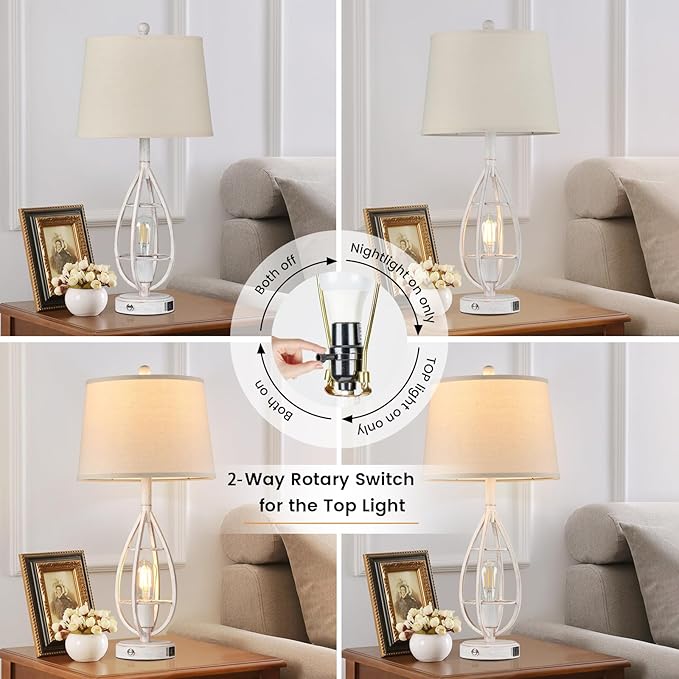 27.8" Farmhouse Table Lamps for Living Room Set of 2 - Beside Touch Lamps for Bedroom with USB C+A, Rustic Vintage Retro Lamps for Night Stands, Bulbs Included (White)