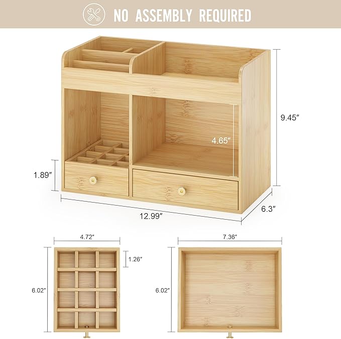 Makeup Organizer with Drawers, Bamboo Countertop Cosmetic Storage for Dresser Vanity Organizer Beauty Desk Skincare Holders Container Make Up Organizing for Lipstick