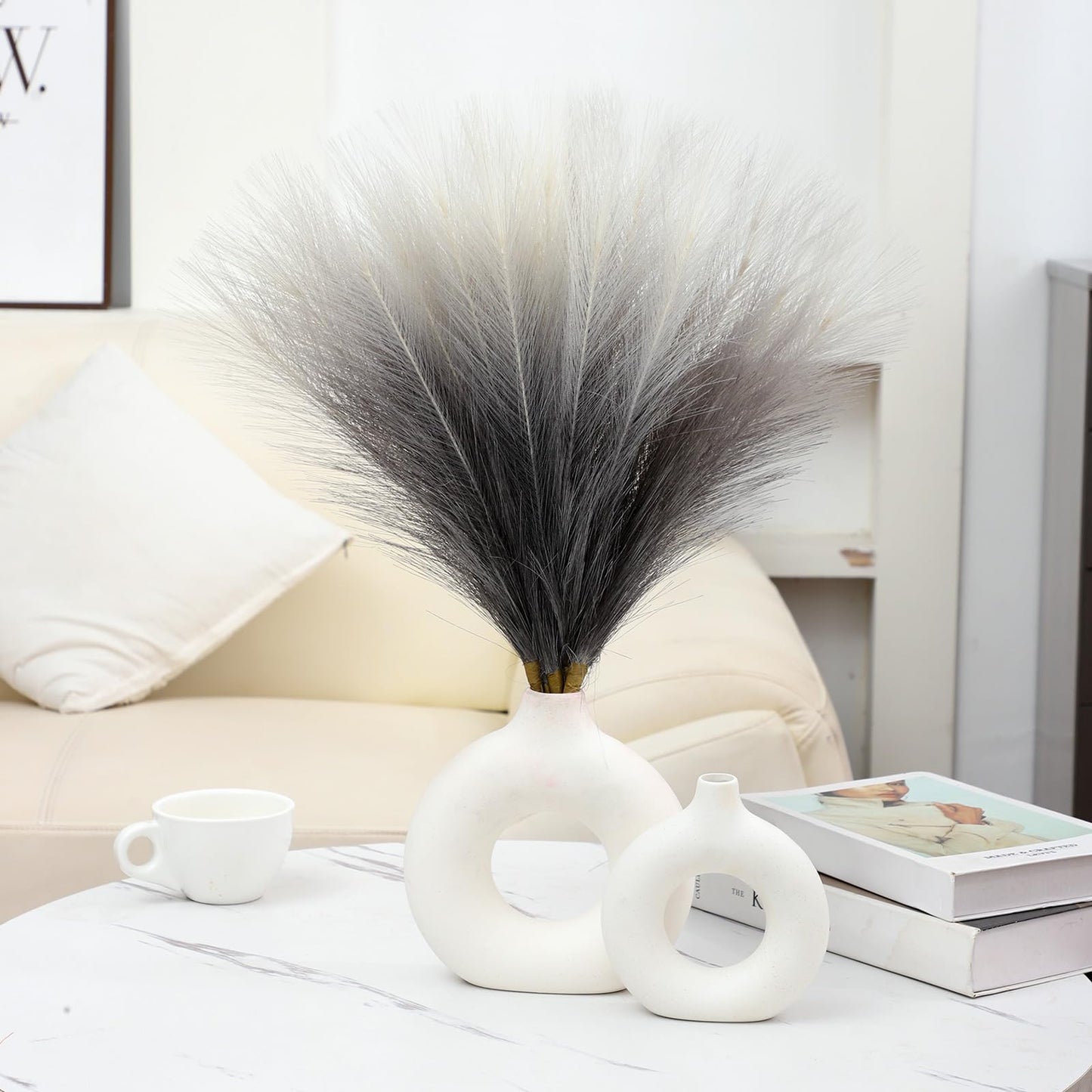 Ureymx Faux Pampas Grass Decor 17.7 Inch 6pcs, Pompas Grass Flower Arrangement and Vase Filler Artificial Pampas Grass Short Decor for Boho Home Wedding Decoration (Gradient Grey)