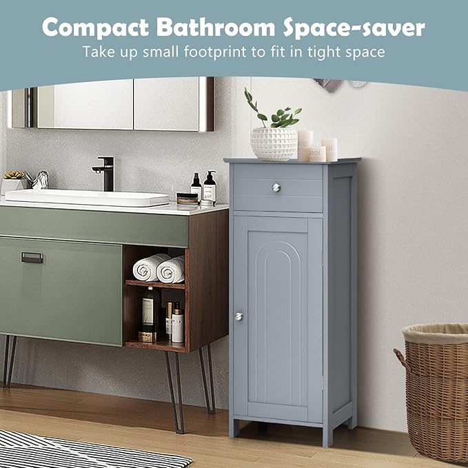 COSTWAY Bathroom Storage Cabinet, Single Door Floor Cabinet with Drawer and 3-Level Adjustable Shelves, Modern Side Storage Organizer with Anti-Tipping Device for Living Room, Bedroom (Gray)