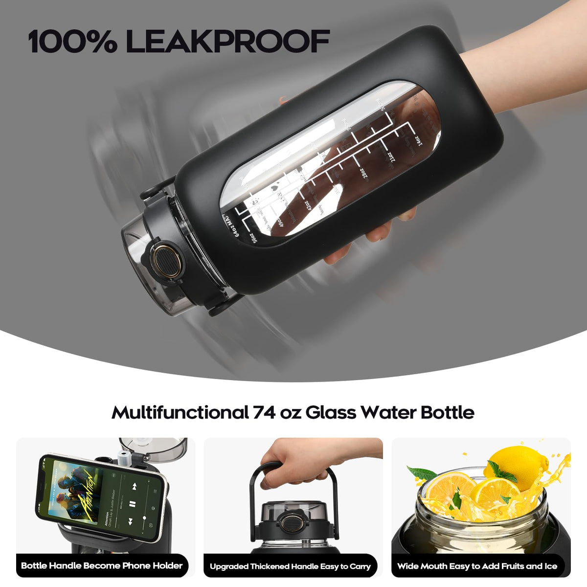 chunmo 74 oz Glass Water Bolttles with Straw Large Motivational Water Bottle with Time Marker Sports Water Bottles with Silicone Sleeve and Handle Lid 2.2L Water Jug for Gym Workout