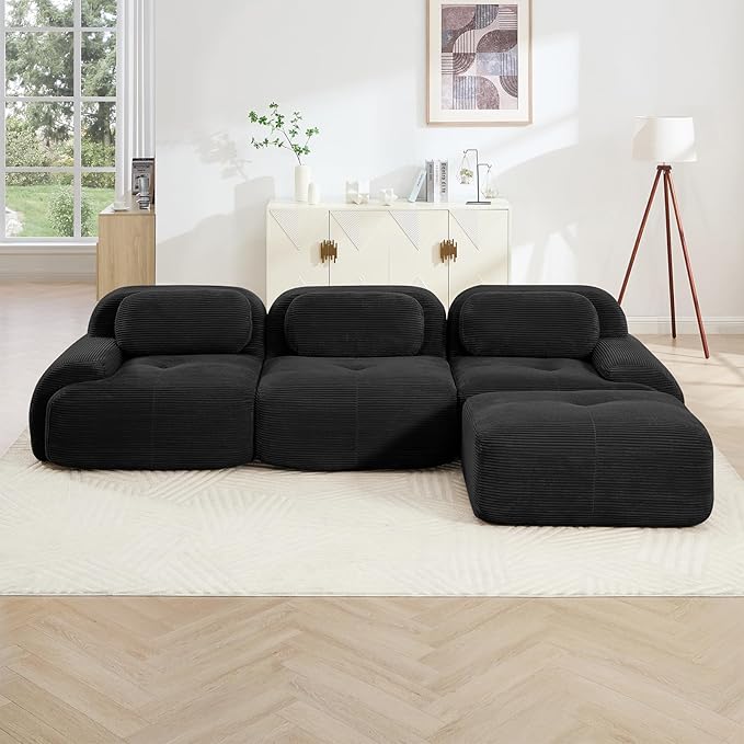 116" Modern Compressed Boneless Couch with Ottoman, 3 Seater Large L Shaped Sectional Couches for Living Room, Black Corduroy Cloud Modular Sectional Sofa, Memory Foam, Extra Deep, No Assembly