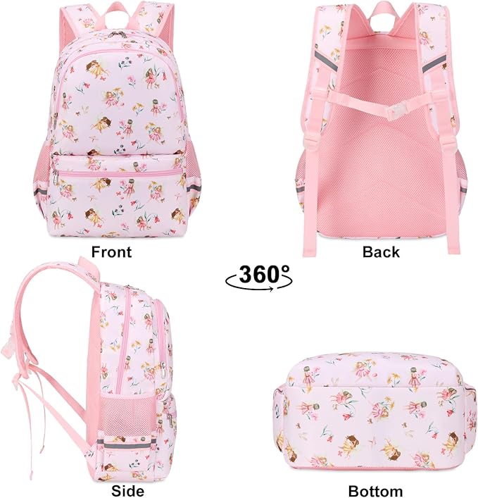 DSIUE Kids Backpack for Girls Elementary BookBags Teens School Backpack with Lunch Box Flower Fairy Pink