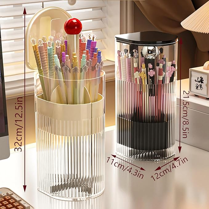 Makeup Brush Holder with Lid, One-Hand Press Open/Close Mechanism Cosmetic Tools Organizer, Clear Waterproof Dustproof Make Up Storage for Vanity, Bathroom Countertop-Cream-Red Ball